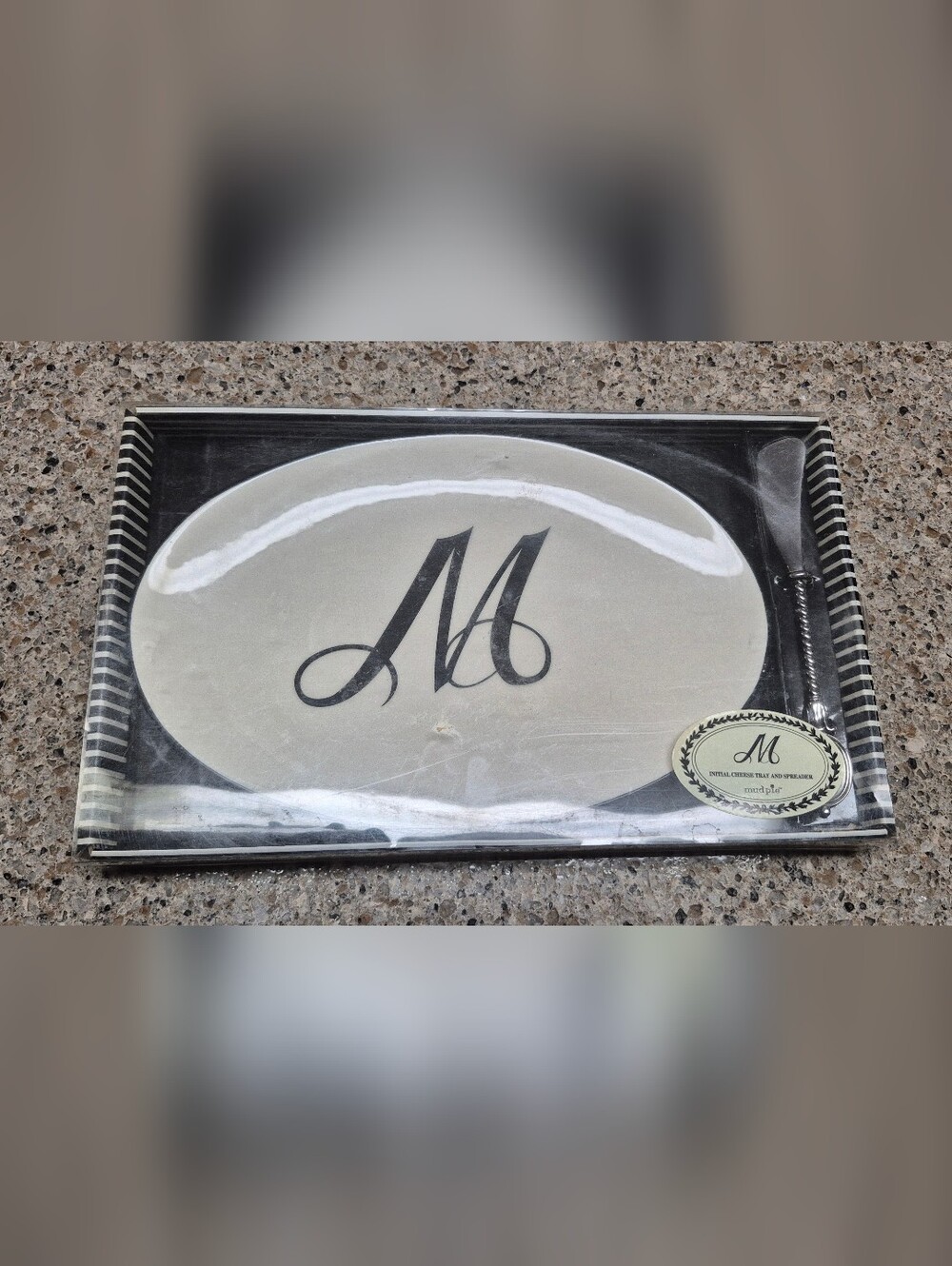 ​Mud Pie Initial Cheese Tray and Spreader Set Letter M Ceramic Platter Knife Wht